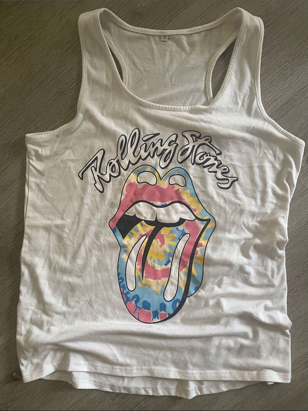 White Racerback Rolling Stones Tank | Tie Dye Lips and Tongue | Women’s Medium
